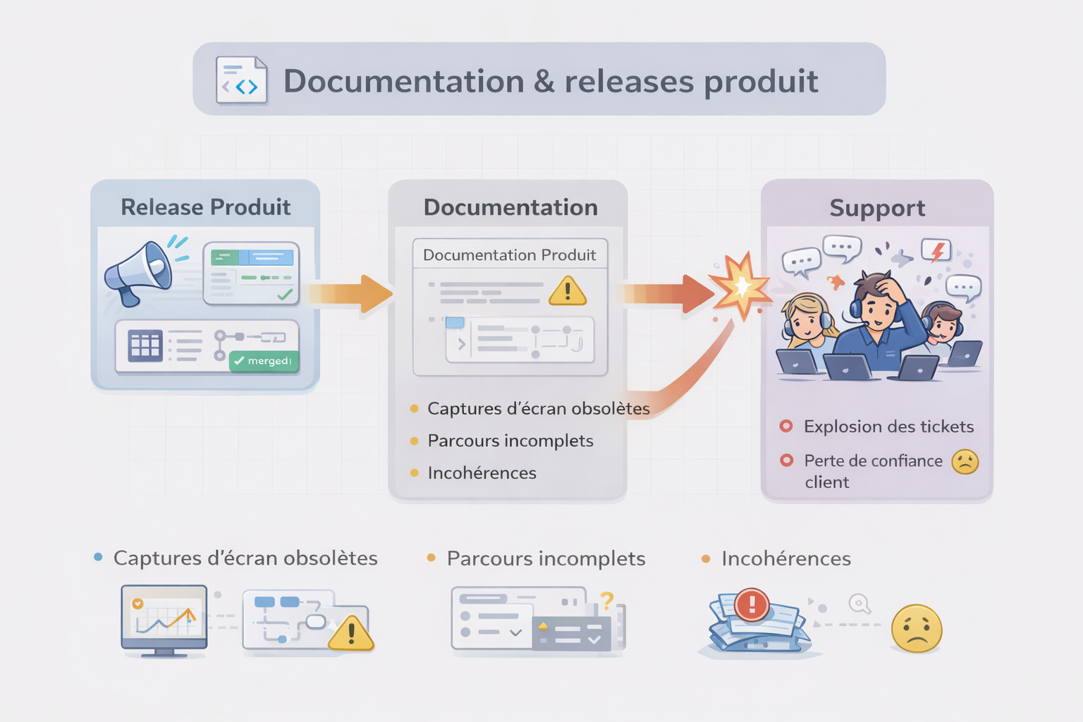 Désynchronisation entre la documentation et le produit après une release : captures d’écran obsolètes, parcours incomplets et incohérences